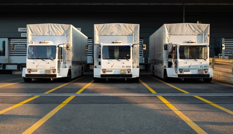 Drei weiße Elektro-Nutzfahrzeuge an einer Laderampe