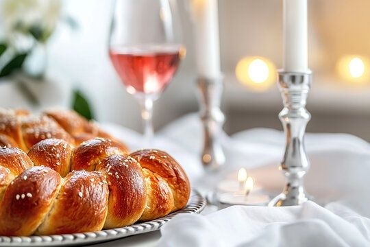 Geflochtenes Challah-Brot, Weinglas und Kerzen auf gedecktem Tisch