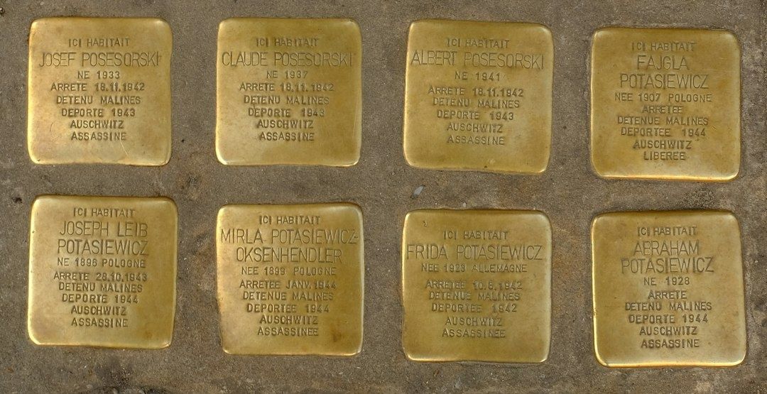 Acht goldfarbene Stolpersteine erinnern an jüdische Verfolgte